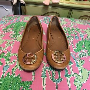 Tory Burch brown with gold logo Reva Flat women's size 8